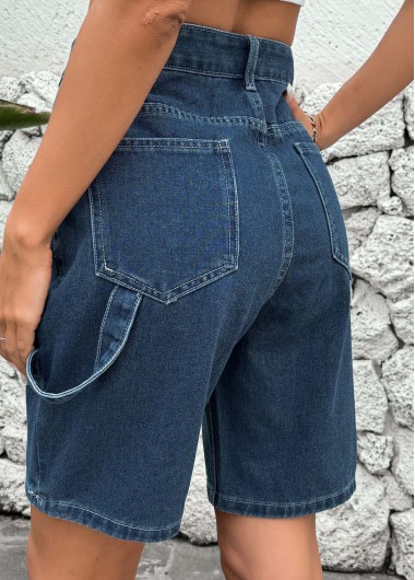 Denim Blue bottoms,Plain Color bottoms,Button Denim Blue High Waisted Shorts