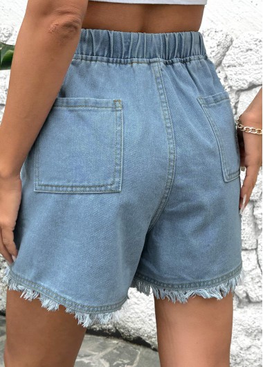 Denim Blue bottoms,Plain Color bottoms,Denim Blue Straight Leg High Waisted Shorts