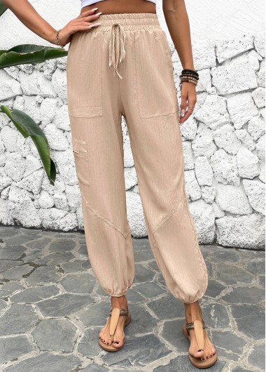 Light Camel bottoms,Plain Color bottoms,Drawstring Light Camel Jogger Elastic Waist High Waisted Pants
