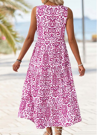 Hot Pink dresses,Tribal dresses,Vacation dresses,Vacation dresses,ROTITA Tribal Print Hot Pink Maxi Split Neck Sleeveless Dress