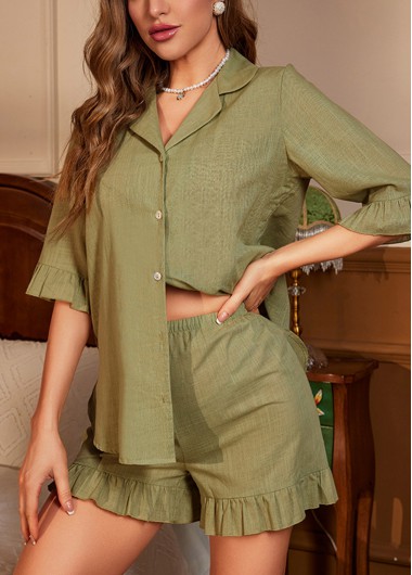 Olive Green loungewear,Plain Color loungewear,Olive Green Lapel Half Sleeve Lounge Top and Shorts