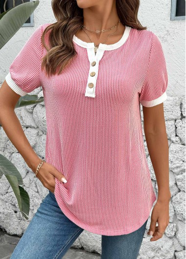 Pink tops,Contrast Color tops,ROTITA Pink Split Neck Short Sleeve T Shirt