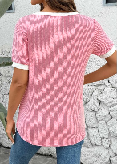 Pink tops,Contrast Color tops,ROTITA Pink Split Neck Short Sleeve T Shirt