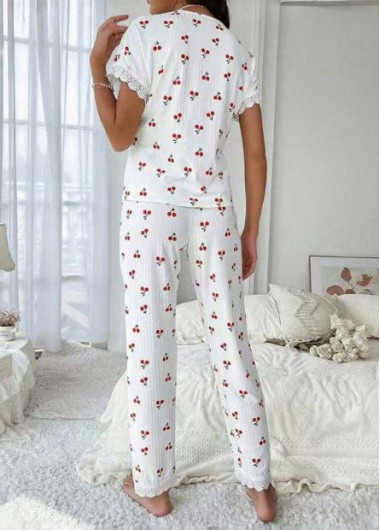 White loungewear,Plants loungewear,ROTITA Fruit Printing White V Neck Lounge Top and Pants