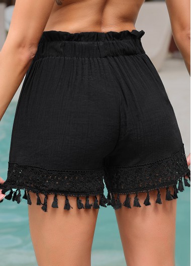 Black swimwear,Plain Color swimwear,Fringe Tassel Black Patchwork Beach Shorts