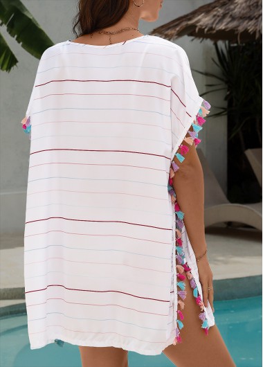 White swimwear,Striped swimwear,Geometric swimwear,White Multi Stripe Print Cover Up