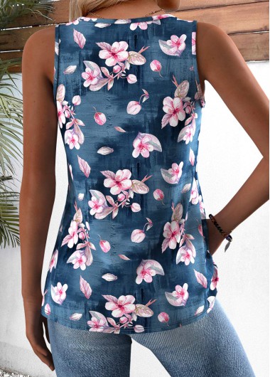 Denim Blue tops,Plants tops,Floral tops,ROTITA Random Floral Print Denim Blue V Neck Tank Top