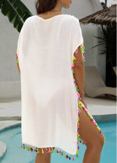White swimwear,Plain Color swimwear,White Color Patchwork V Neck Cover Up