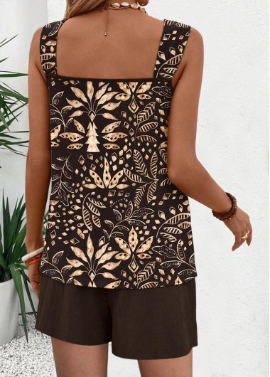 Dark Coffee tops,Plants tops,ROTITA Eyelet Tropical Plants Print Dark Coffee Sleeveless Tank Top