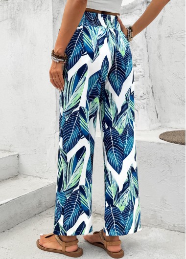 Peacock Blue bottoms,Plants bottoms,Leaf Print Peacock Blue Wide Leg Elastic Waist Pants