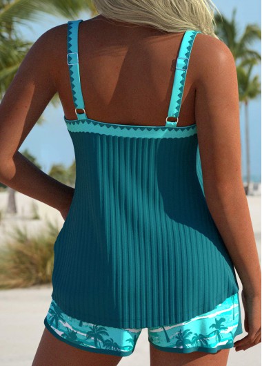 Turquoise swimwear,Plants swimwear,ROTITA Tie Turquoise Tropical Plants Print Mid Waisted Tankini Set