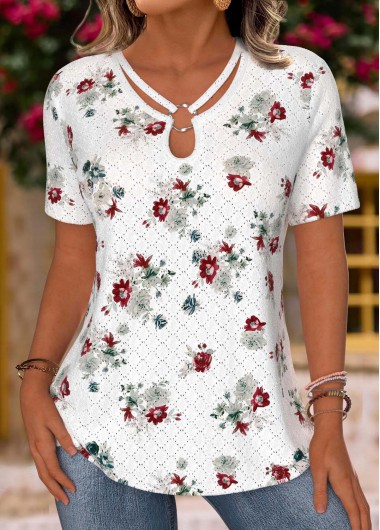 White tops,Floral tops,Plants tops,ROTITA Floral Print White V Neck Short Sleeve T Shirt