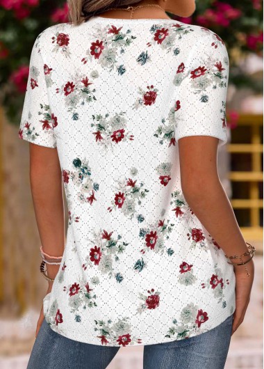 White tops,Floral tops,Plants tops,ROTITA Floral Print White V Neck Short Sleeve T Shirt