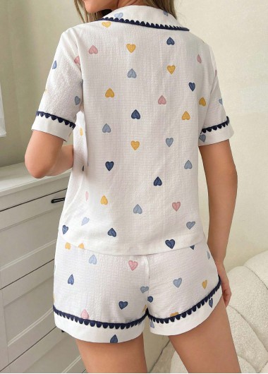 White loungewear,Heart loungewear,Heart Print White Short Sleeve Lounge Top and Shorts