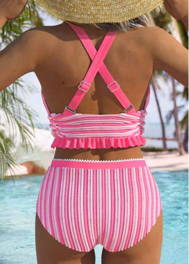 Pink swimwear,Plain Color swimwear,ROTITA Criss Cross Pink Mid Waisted Bikini Set
