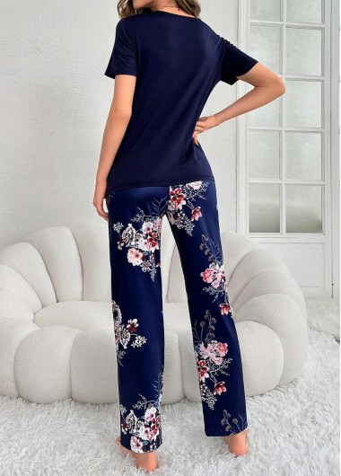 Navy loungewear,Floral loungewear,Plants loungewear,Floral Print Navy Round Neck Lounge Top and Pants