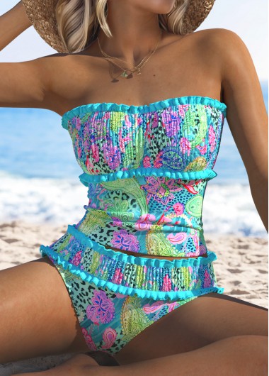 Cyan swimwear,Paisley swimwear,ROTITA Smocked Cyan Paisley Print Mid Waisted Tankini Set