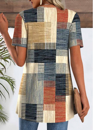 Multi Color tops,Geometric tops,ROTITA Geometric Print Short Sleeve Fake Two Piece Twinset