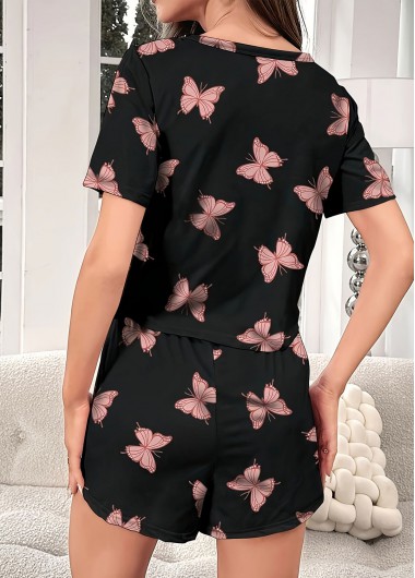 Black loungewear,Animal Print loungewear,Butterfly Print Black Round Neck Lounge Top and Shorts