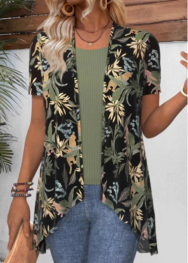 Green tops,Plants tops,Floral tops,Animal Print tops,ROTITA Leaf Print Green Short Sleeve Light Cardigan