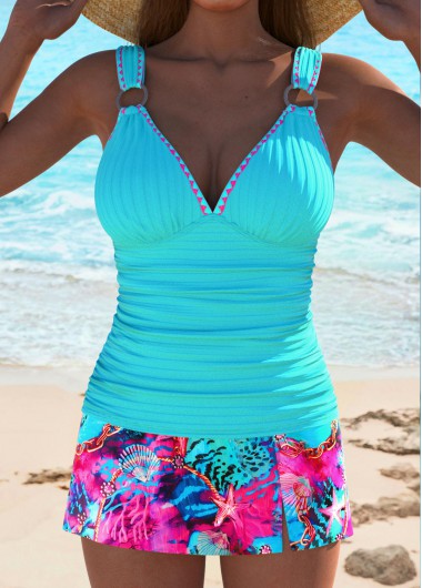 Cyan swimwear,Animal Print swimwear,ROTITA Cyan Marine Life Print Mid Waisted Tankini Set