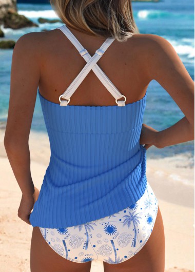 Blue swimwear,Plants swimwear,ROTITA Criss Cross Blue Tropical Plants Print Tankini Set