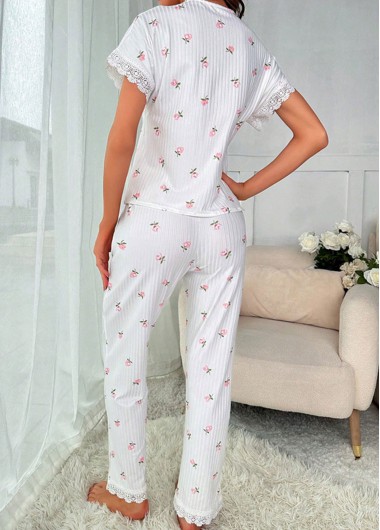 White loungewear,Floral loungewear,Plants loungewear,ROTITA Floral Print White V Neck Lounge Top and Pants