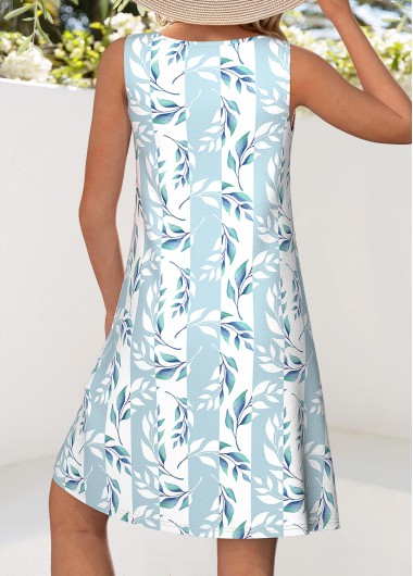 Light Blue dresses,Plants dresses,Everyday dresses,Casual dresses,ROTITA Leaf Print Light Blue A Line Round Neck Dress