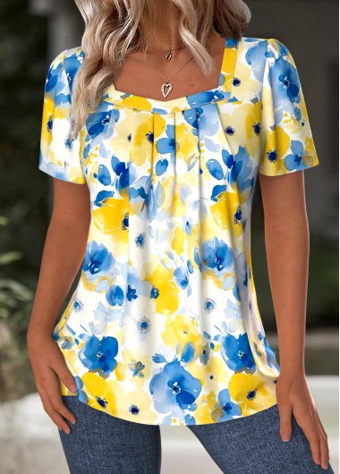 Blue tops,Floral tops,Plants tops,ROTITA Floral Print Blue Square Neck Short Sleeve T Shirt