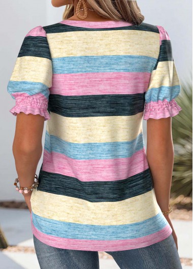 Multi Color tops,Striped tops,Geometric tops,ROTITA Striped Multi Color Square Neck Short Sleeve T Shirt