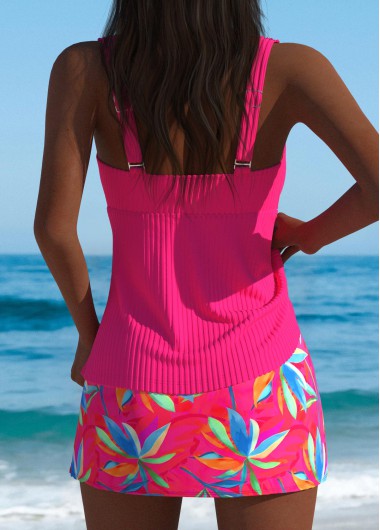 Hot Pink swimwear,Plants swimwear,ROTITA Hot Pink Leaf Print Mid Waisted Tankini Set