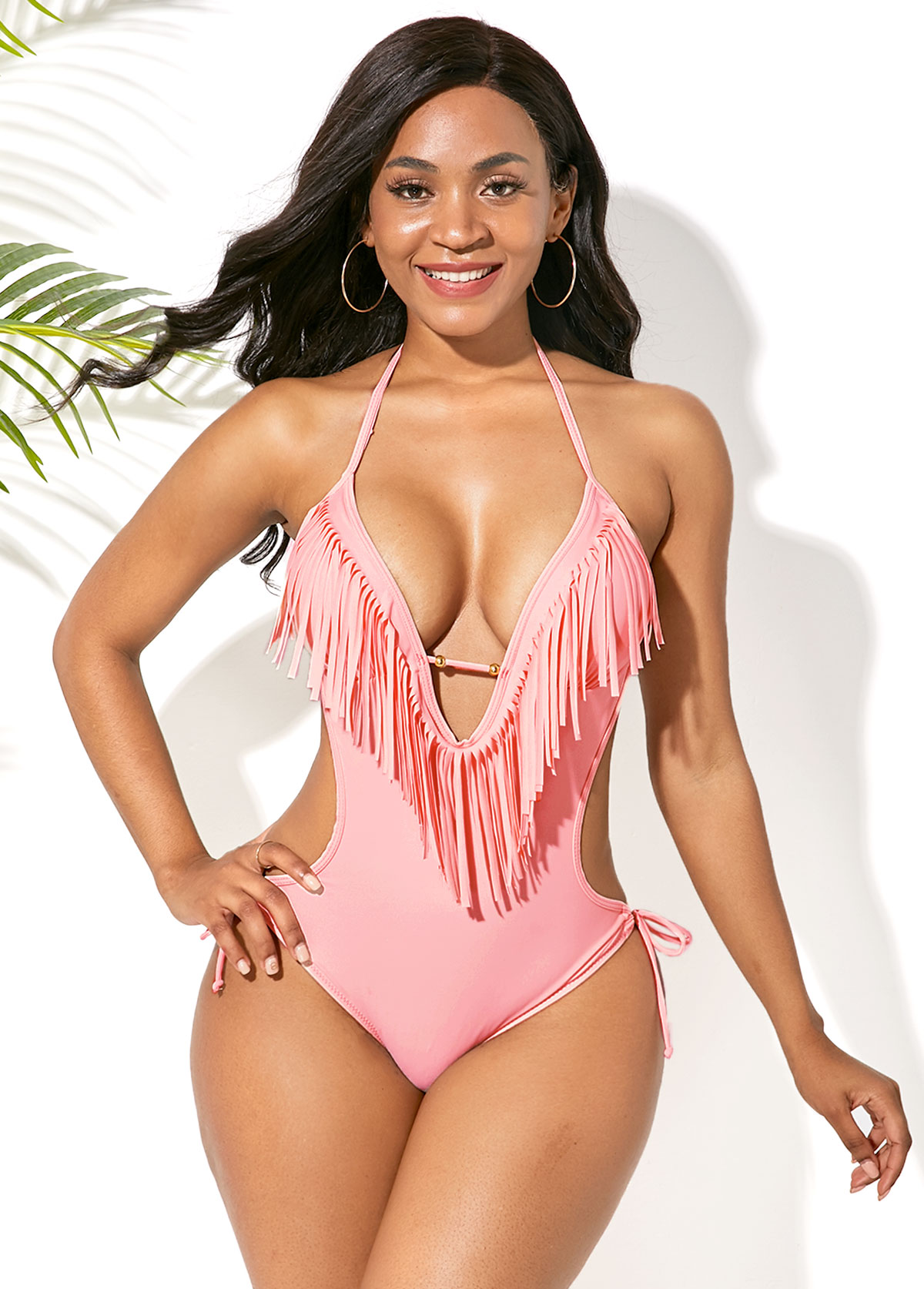 Light Pink swimwear,Plain Color swimwear,ROTITA Halter Tassel Embellished Light Pink One Piece Swimwear