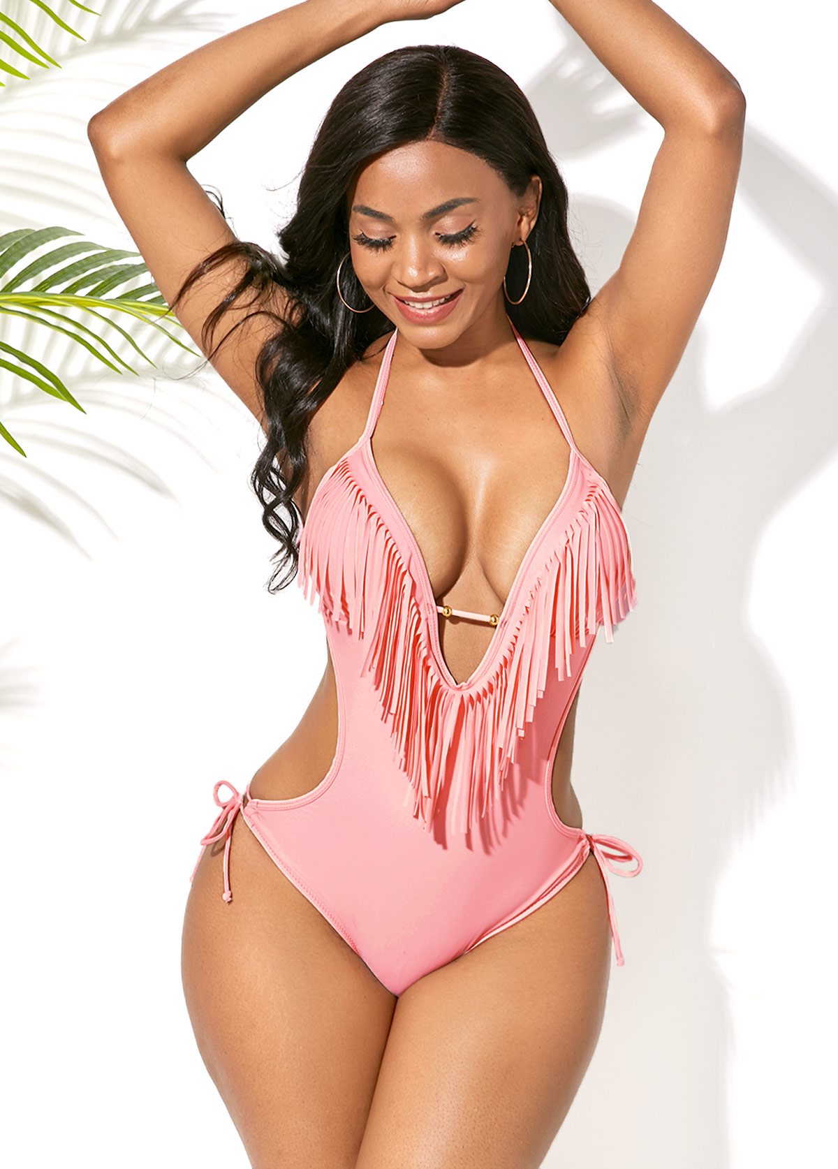 Light Pink swimwear,Plain Color swimwear,ROTITA Halter Tassel Embellished Light Pink One Piece Swimwear