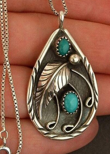 Turquoise jewelry,Contrast Color jewelry,Turquoise Feather Design Teardrop Metal Necklace