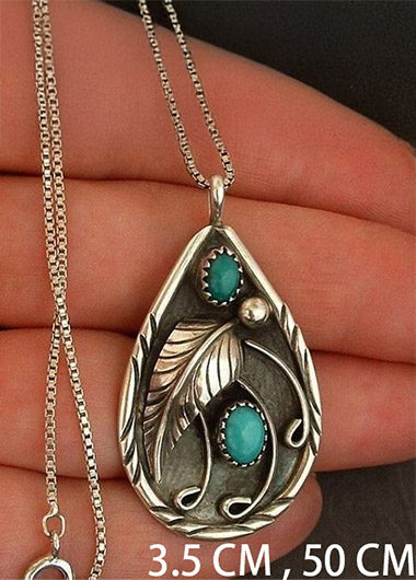 Turquoise jewelry,Contrast Color jewelry,Turquoise Feather Design Teardrop Metal Necklace