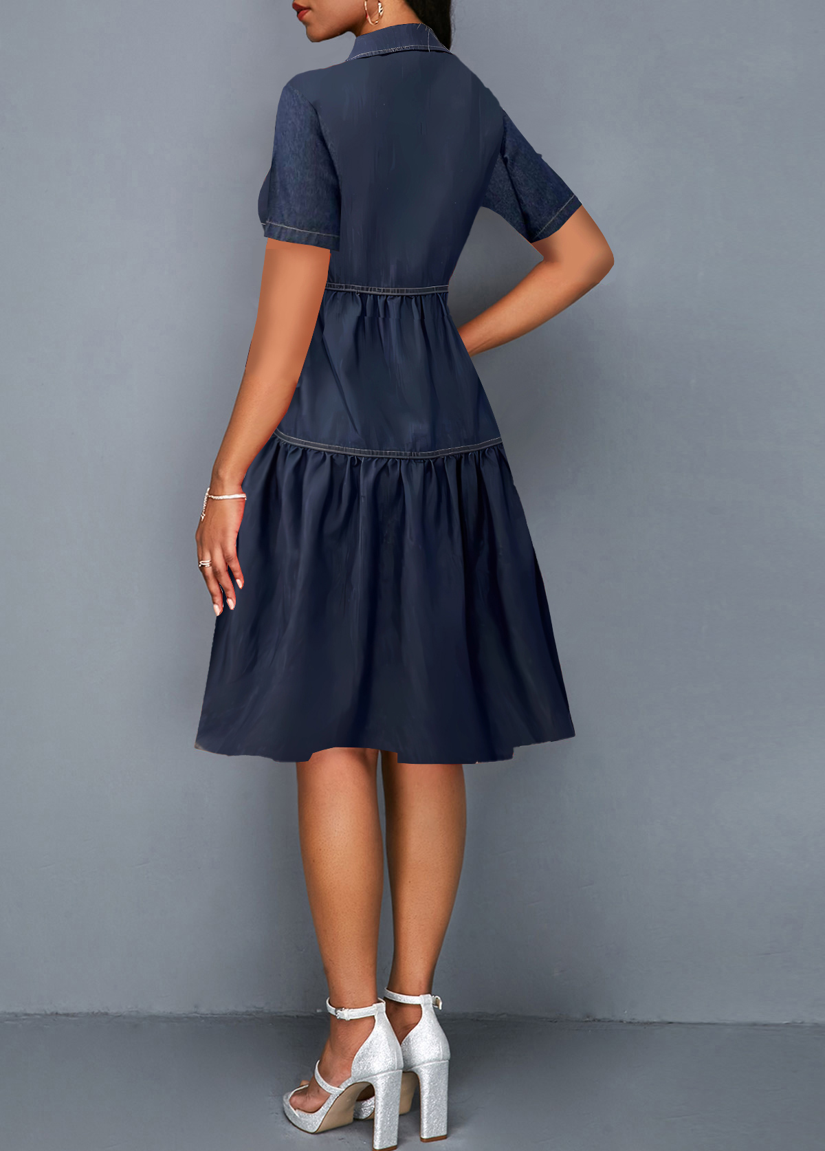 Denim Blue dresses,Plain Color dresses,Everyday dresses,Casual dresses,ROTITA Pocket Denim Blue Turn Down Collar Short Sleeve Dress