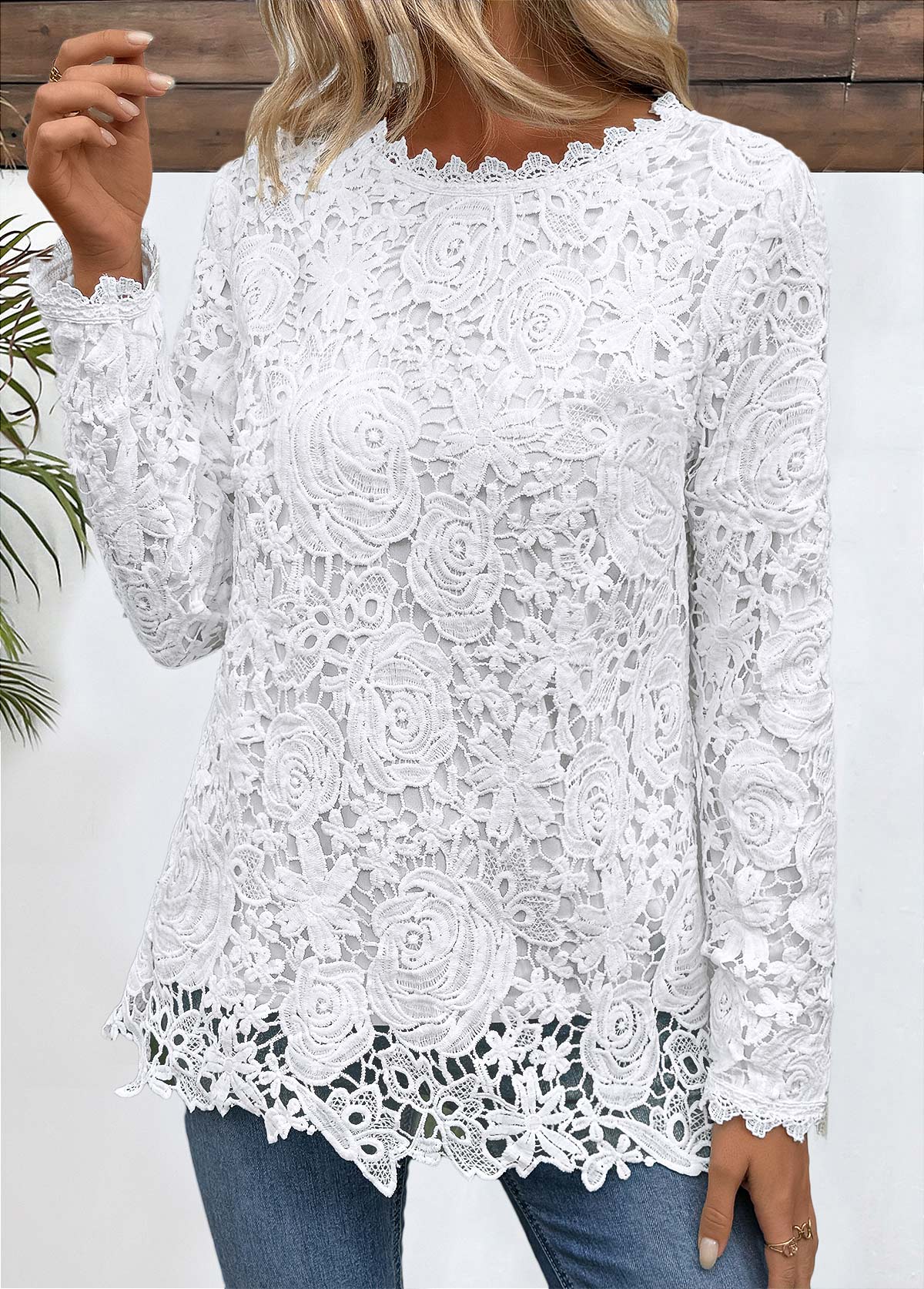 ROTITA Embroidery White Round Neck Long Sleeve T Shirt