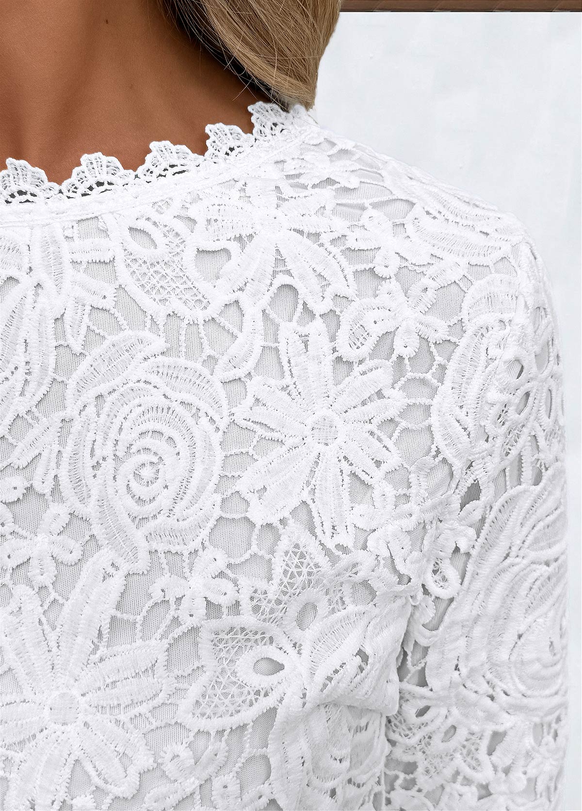 ROTITA Embroidery White Round Neck Long Sleeve T Shirt