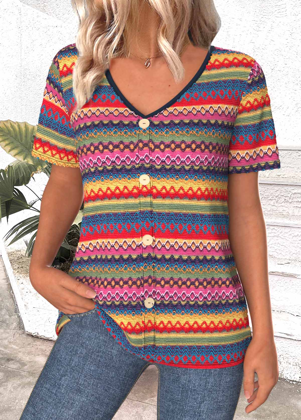 Multi Color tops,Tribal tops,ROTITA Button Tribal Print Multi Color V Neck T Shirt
