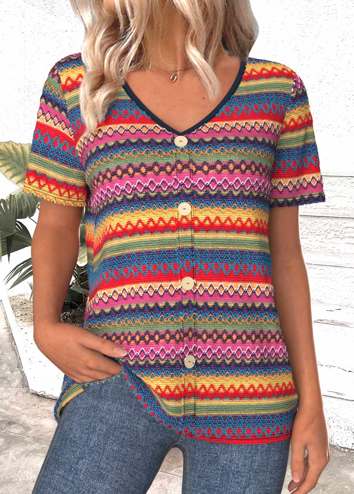 Multi Color tops,Tribal tops,ROTITA Button Tribal Print Multi Color V Neck T Shirt