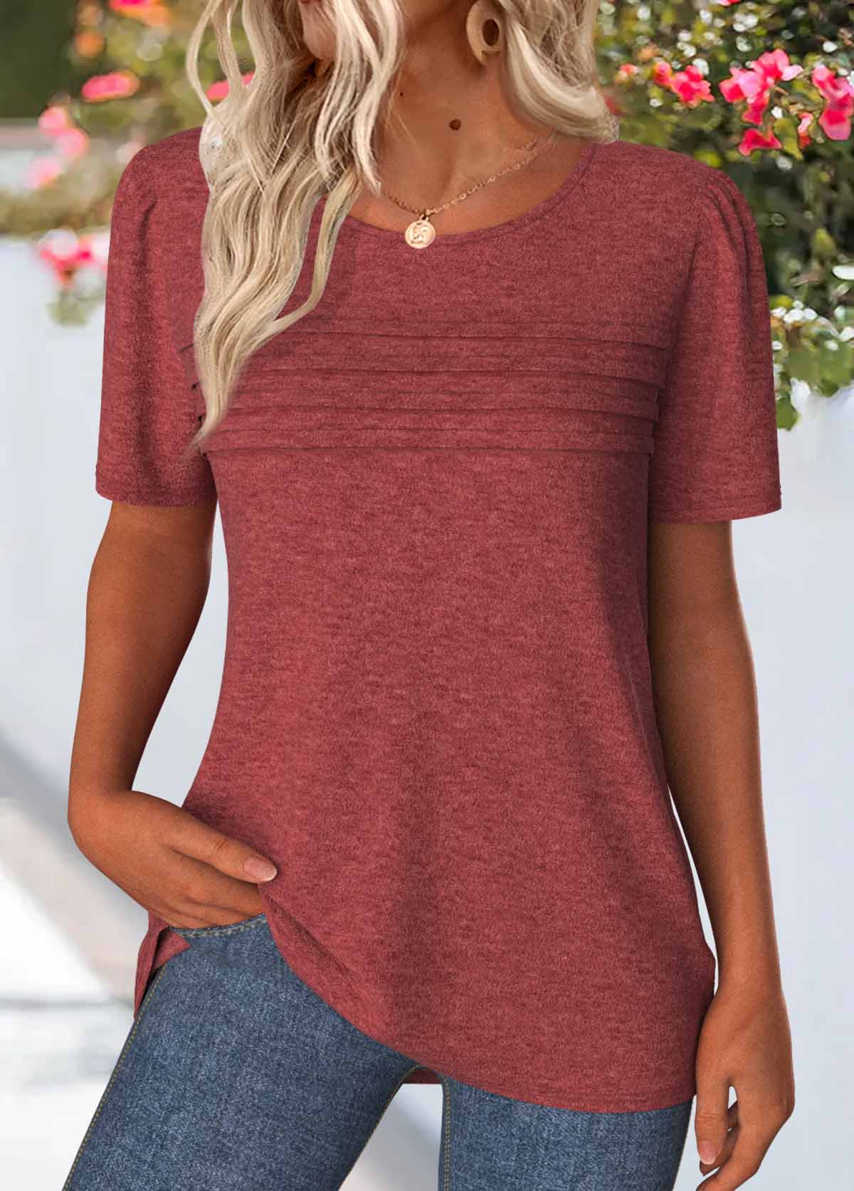 Brick Red tops,Plain Color tops,ROTITA Tuck Stitch Brick Red Round Neck T Shirt