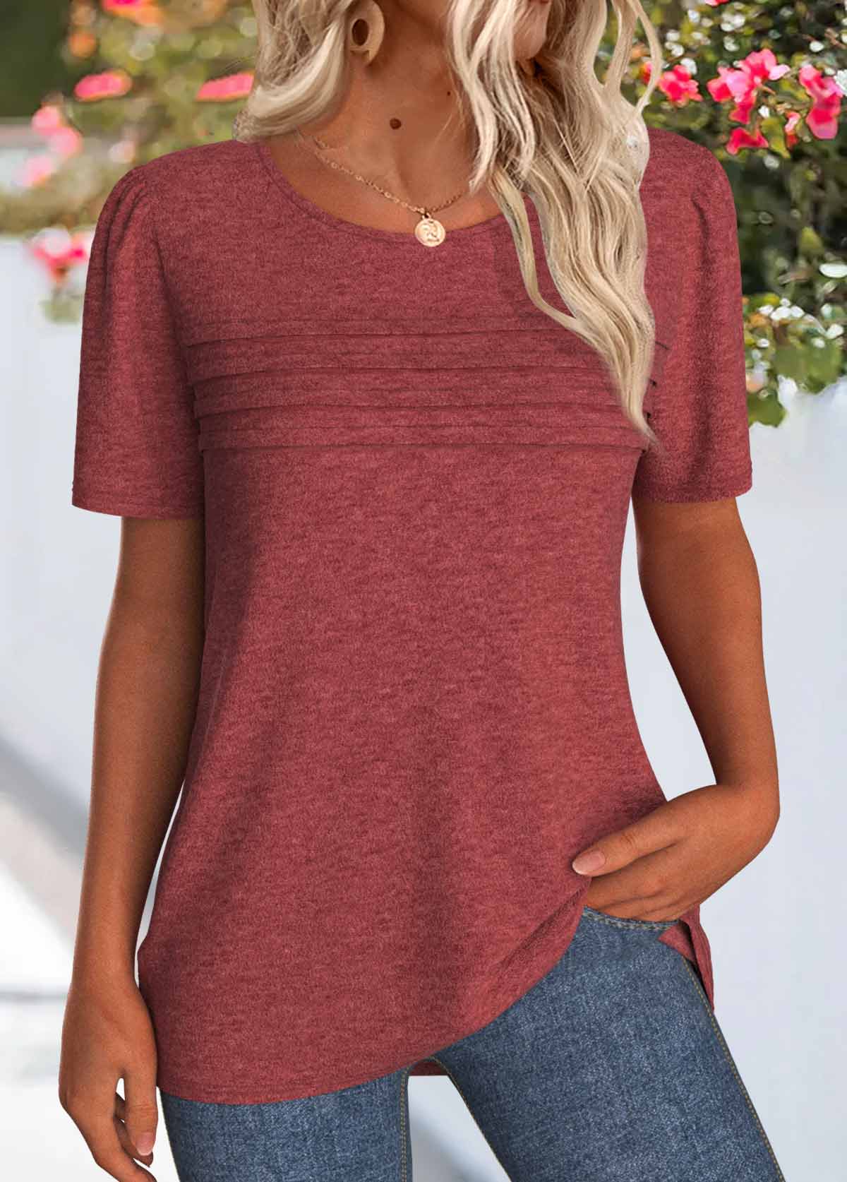 Brick Red tops,Plain Color tops,ROTITA Tuck Stitch Brick Red Round Neck T Shirt