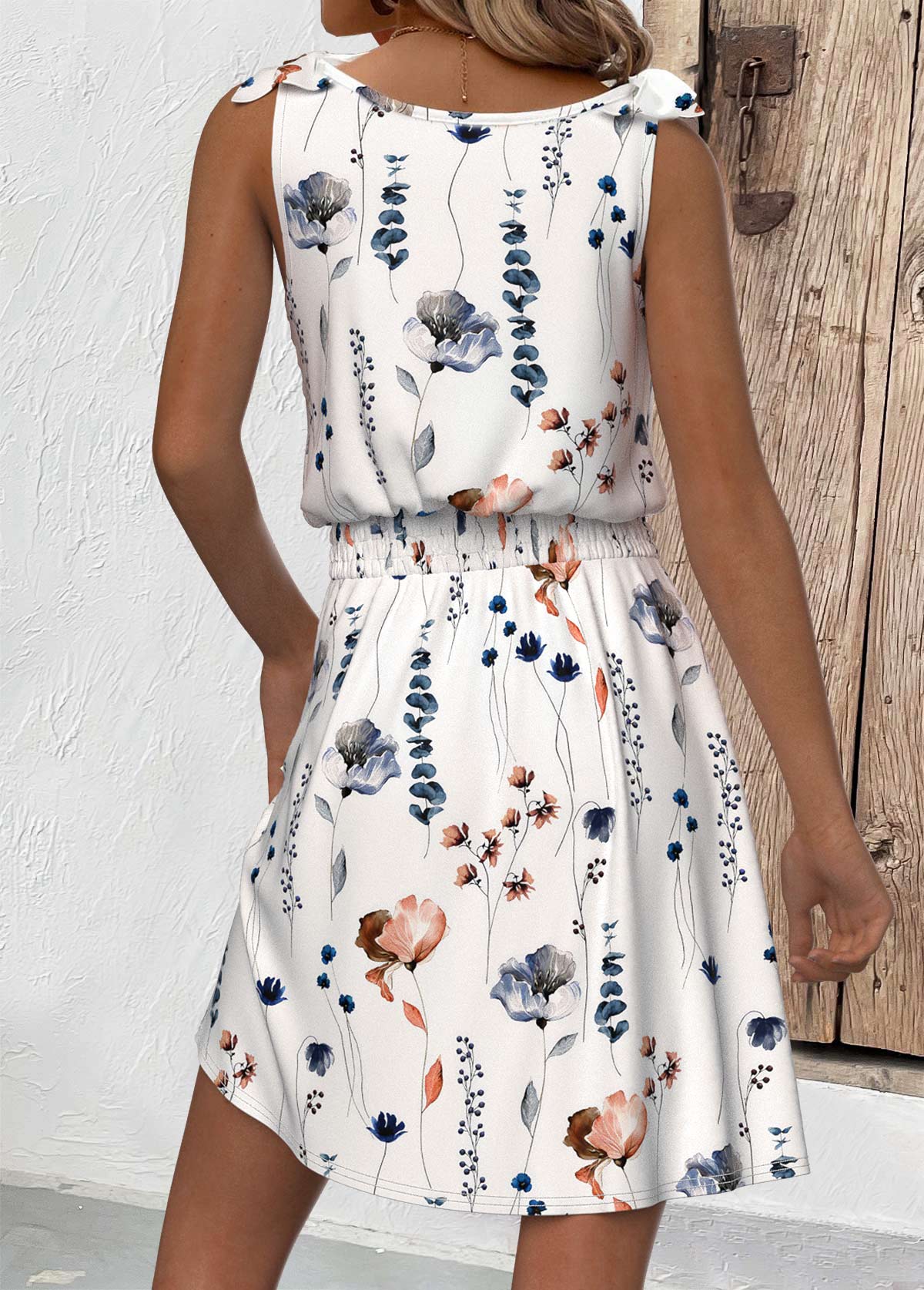 White dresses,Floral dresses,Plants dresses,Everyday dresses,Casual dresses,ROTITA Smocked Floral Print White Short V Neck Sleeveless Dress