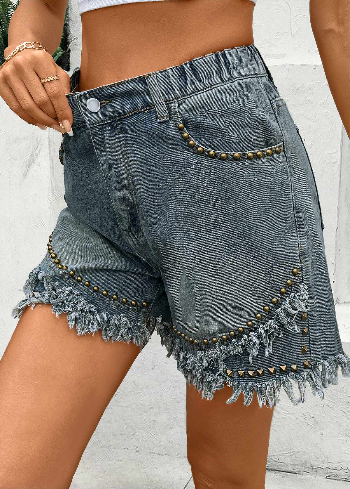 Denim Blue bottoms,Plain Color bottoms,Denim Blue Straight Leg High Waisted Button Fly Shorts