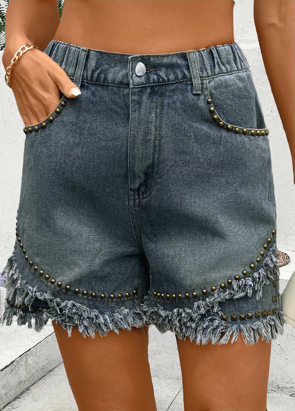 Denim Blue bottoms,Plain Color bottoms,Denim Blue Straight Leg High Waisted Button Fly Shorts