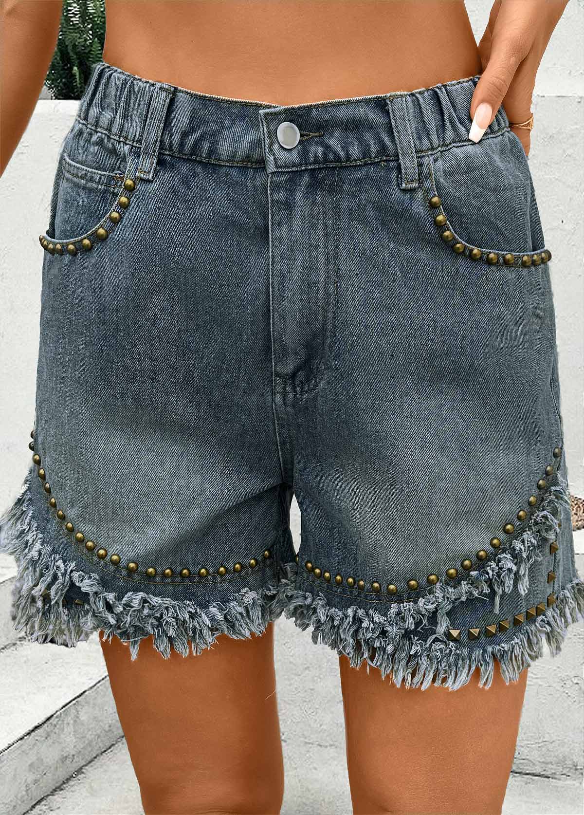 Denim Blue bottoms,Plain Color bottoms,Denim Blue Straight Leg High Waisted Button Fly Shorts