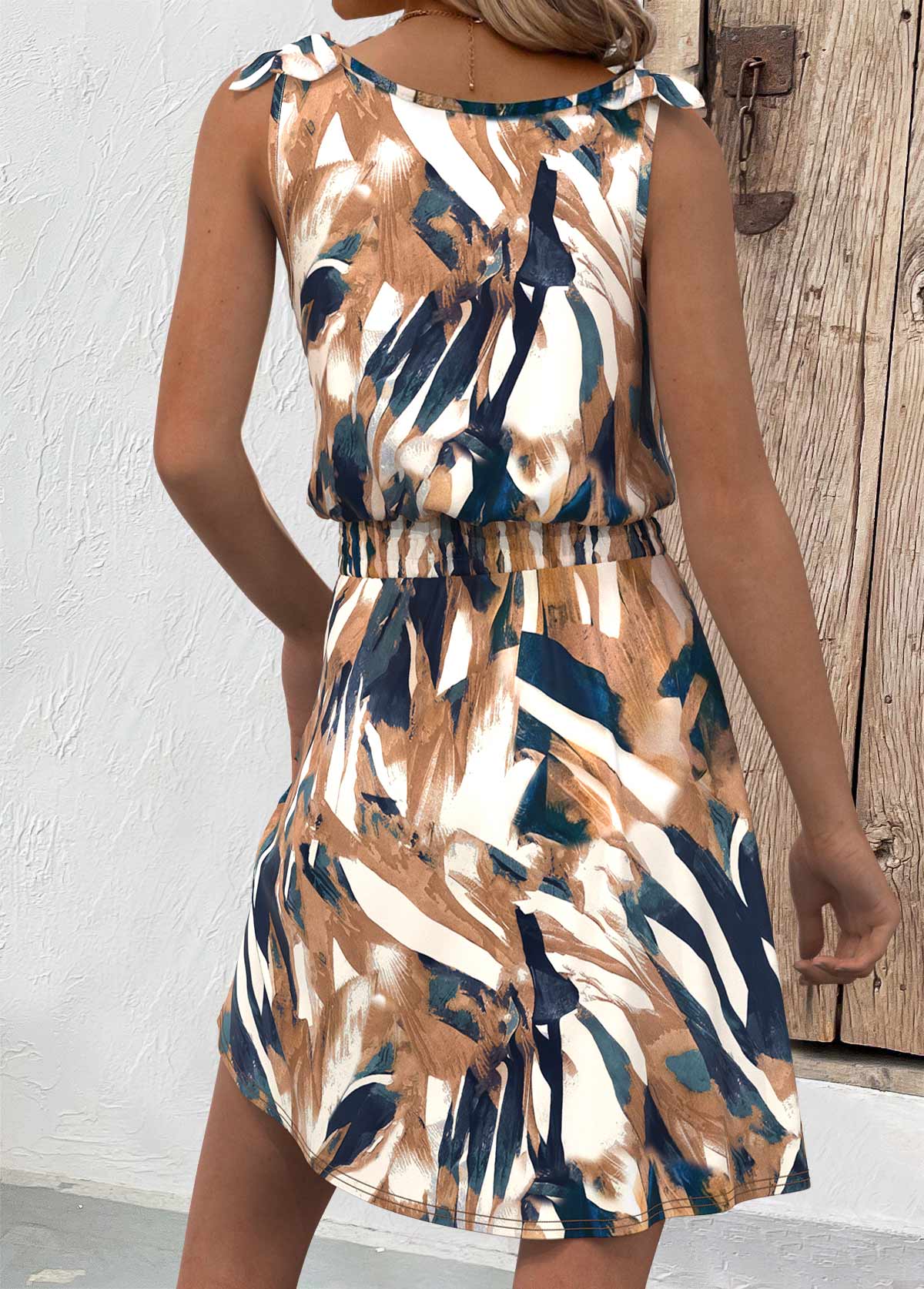 Multi Color dresses,Geometric dresses,Everyday dresses,Casual dresses,ROTITA Button Geometric Print White Short V Neck Sleeveless Dress