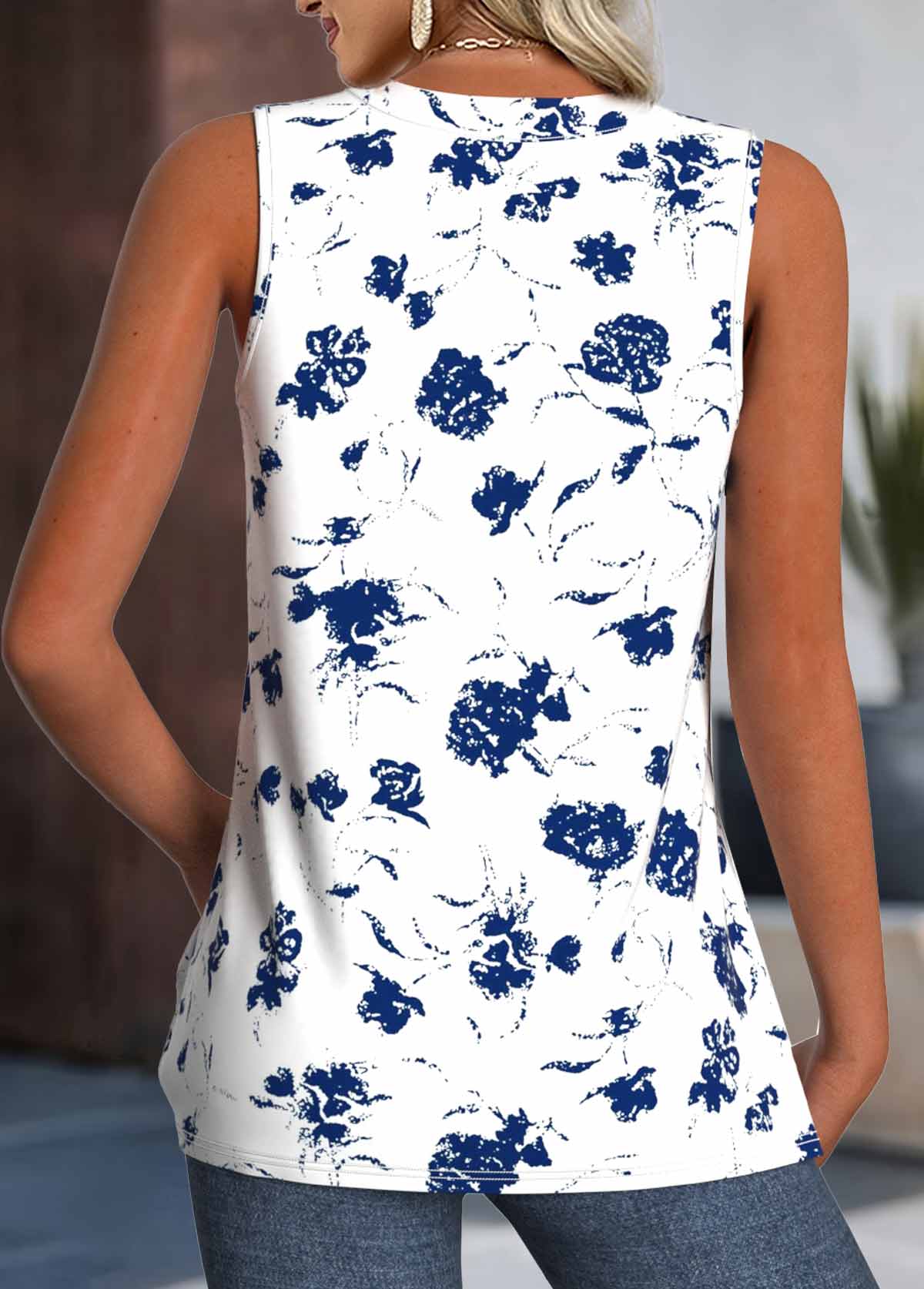 White tops,Floral tops,Plants tops,ROTITA Breathable Floral Print White V Neck Sleeveless Tank Top