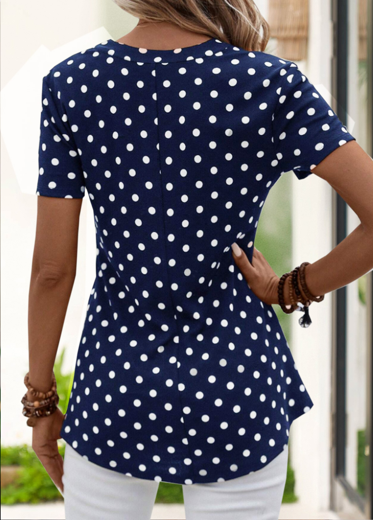 Rotita-T-Shirt mit Reißverschluss und Polka Dots in Marineblau mit V-Ausschnitt