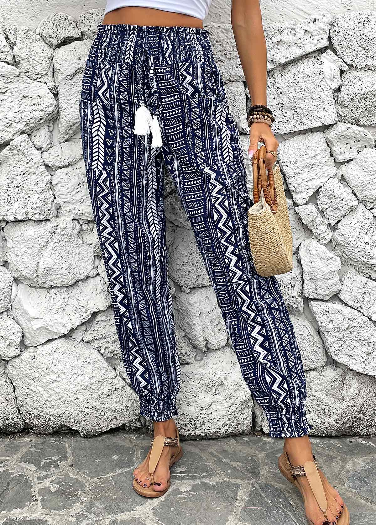 Navy bottoms,Geometric bottoms,Smocked Geometric Print Navy Jogger Elastic Waist Pants